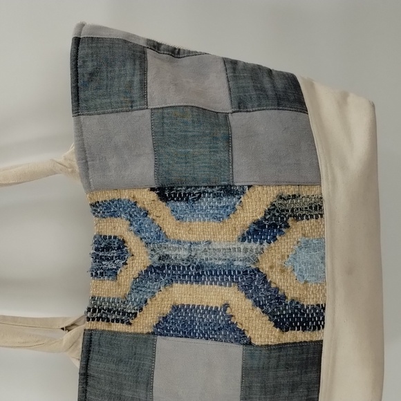 Camel Threads Tote bag blue and cream double strap lined with pockets - Picture 3 of 11